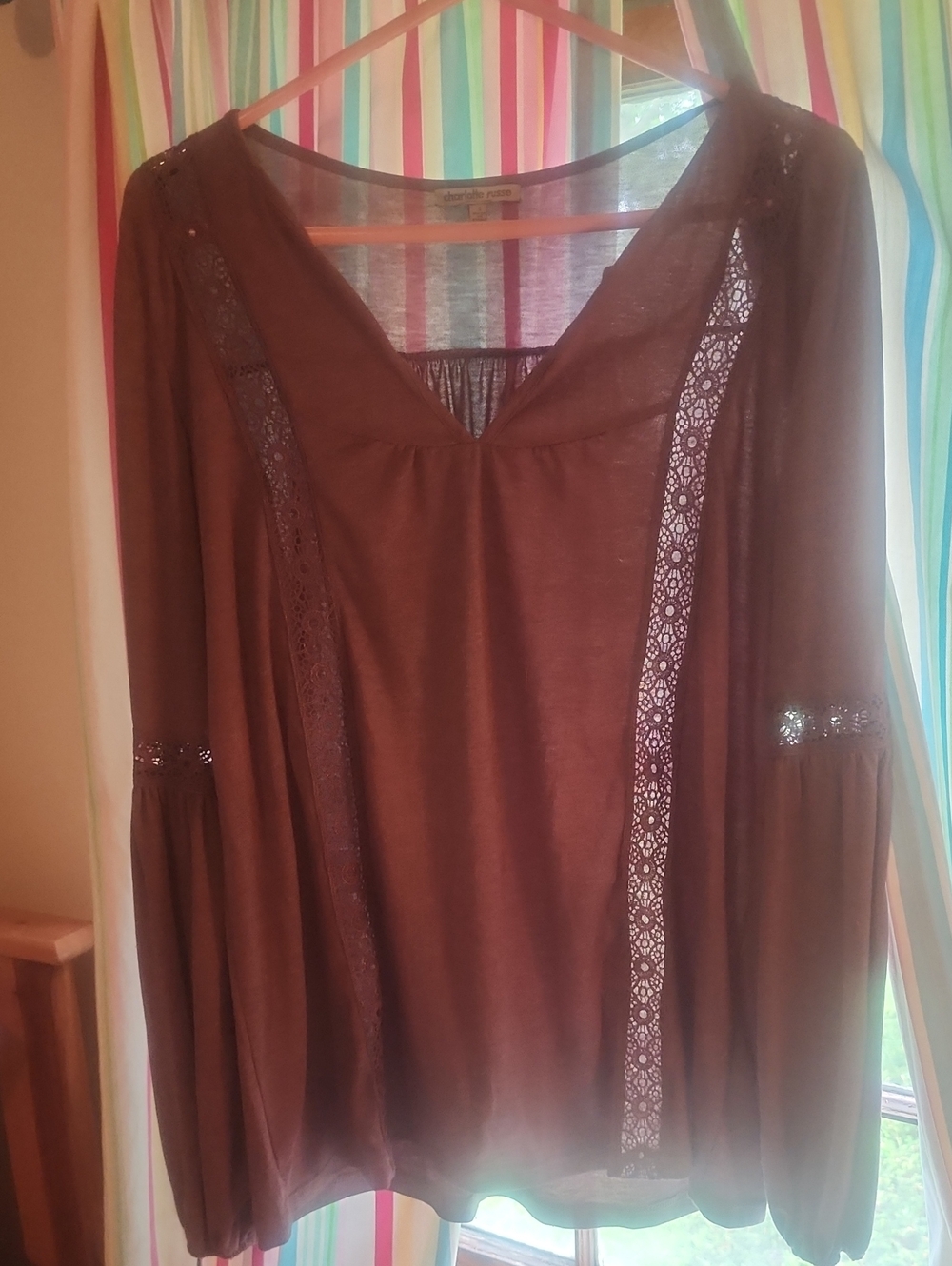 Charlotte Russe Brown Lace-Trim V-Neck Blouse